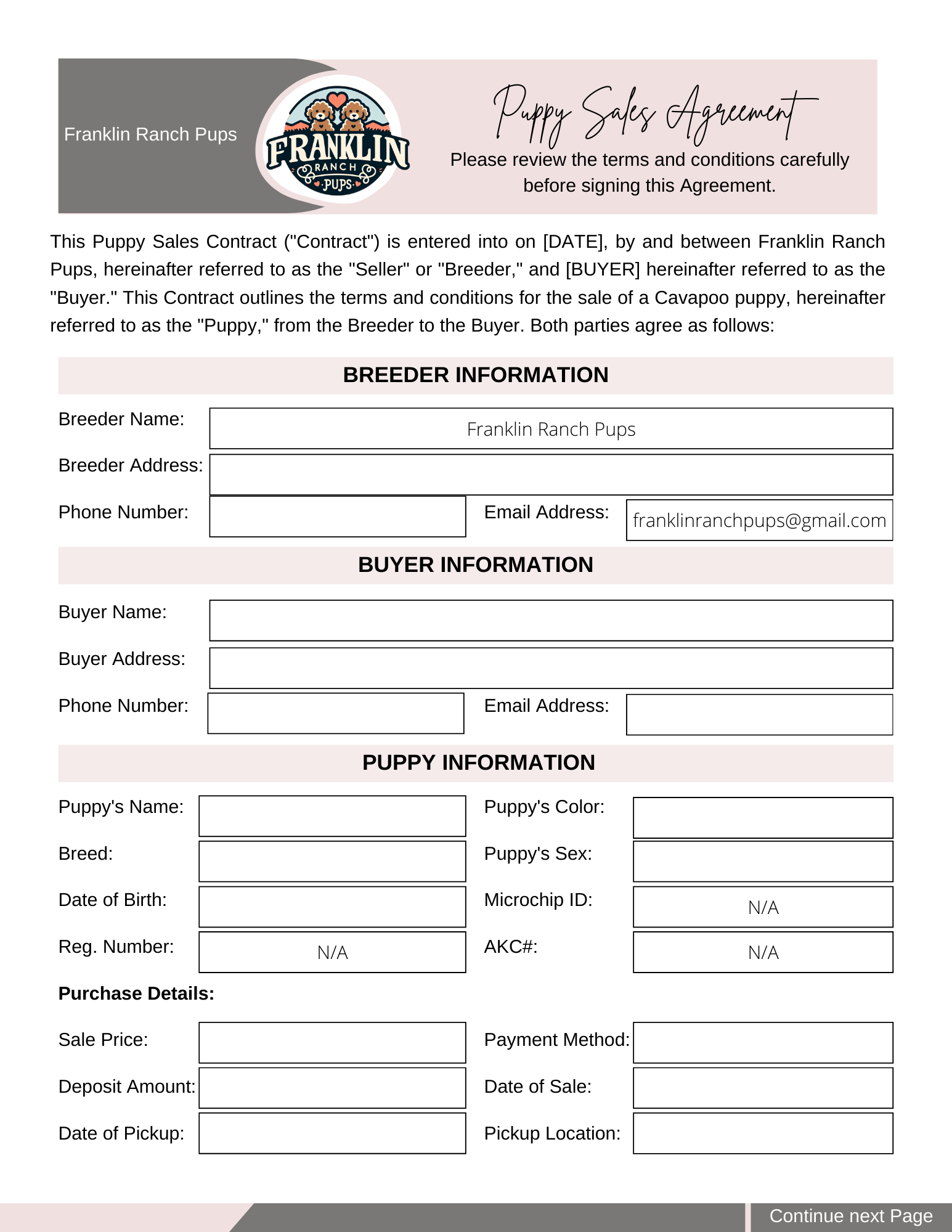 Puppy Sales Agreement - Page 1: Breeder Information, Buyer Information, Puppy Information, and Purchase Details