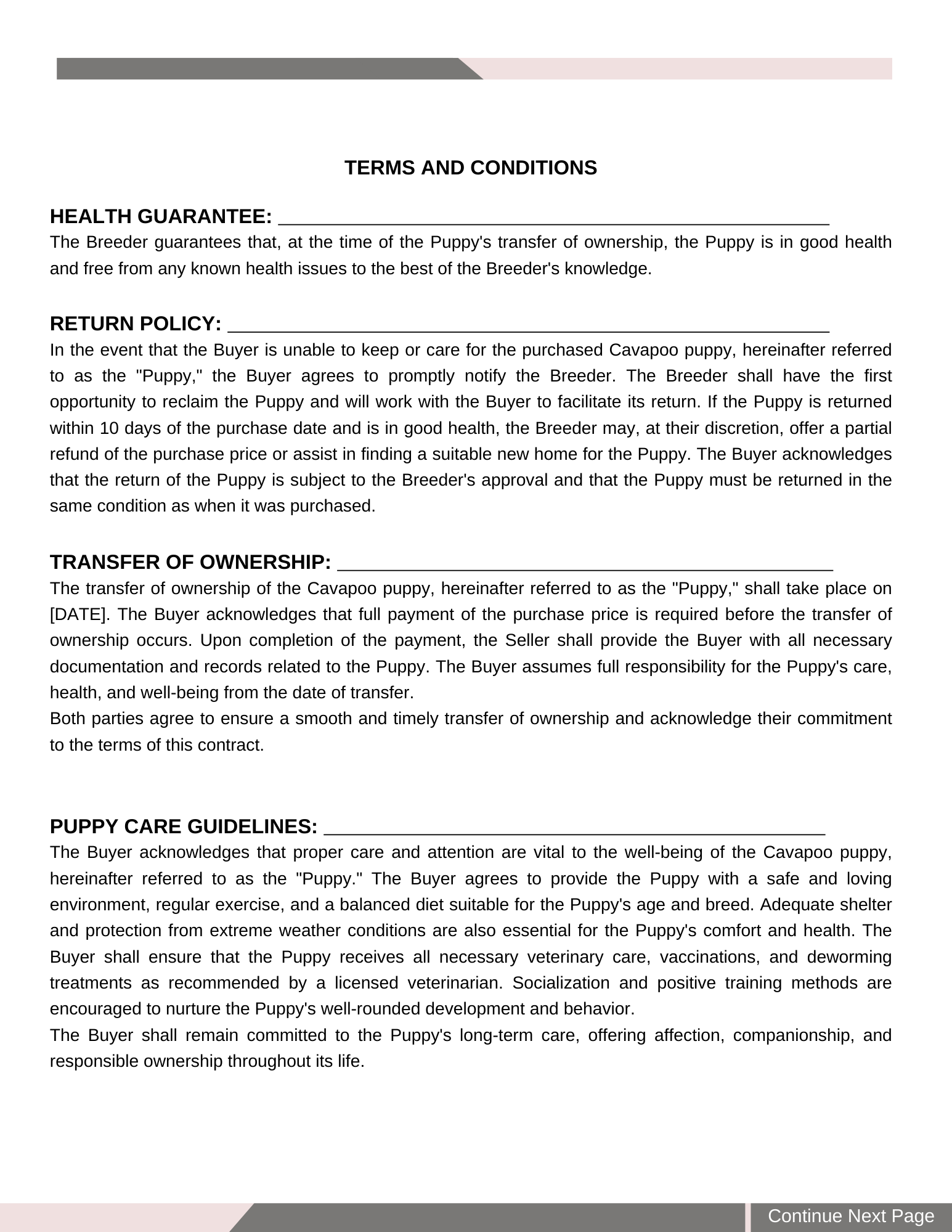 Puppy Sales Agreement - Page 2: Terms and Conditions including Health Guarantee, Return Policy, Transfer of Ownership, and Puppy Care Guidelines