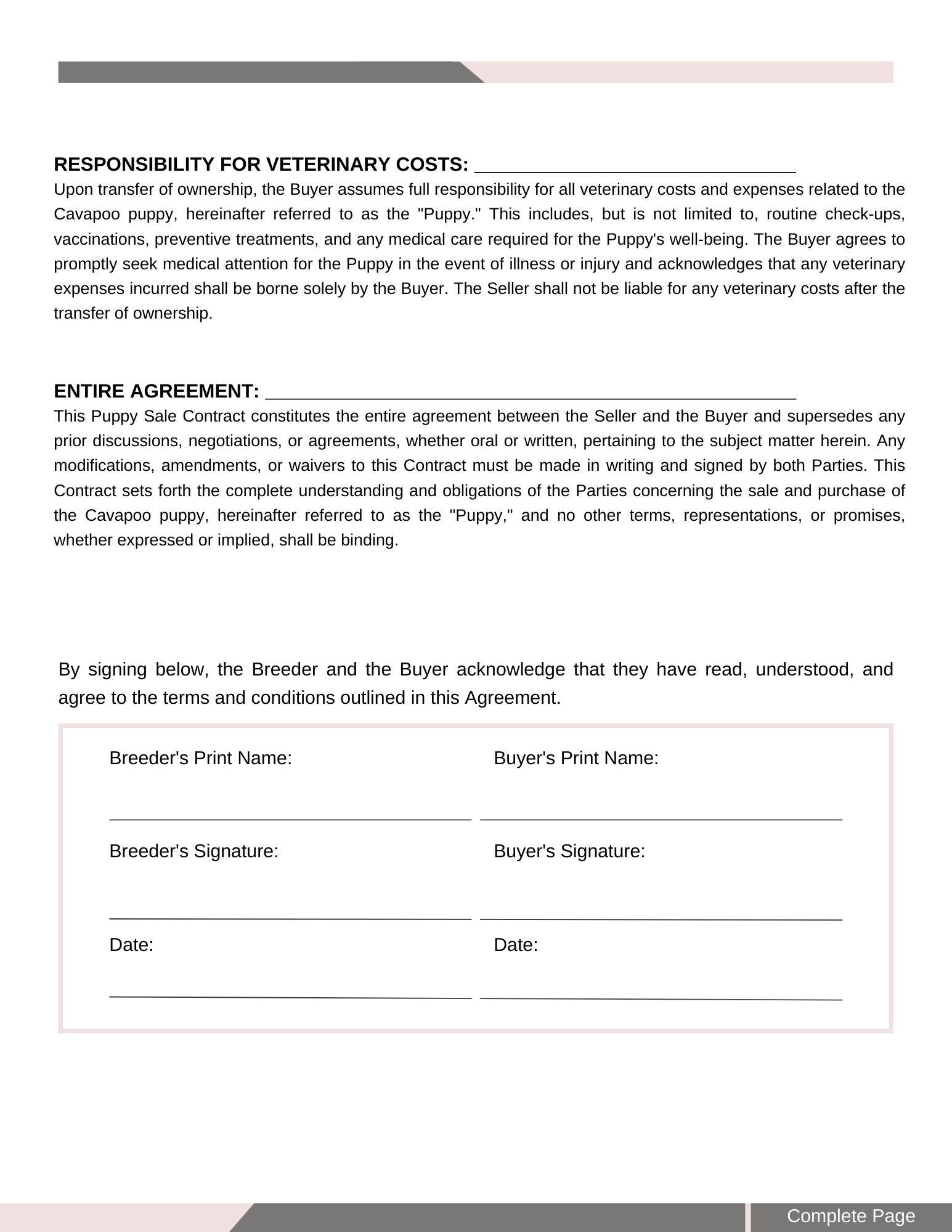 Puppy Sales Agreement - Page 3: Responsibility for Veterinary Costs, Entire Agreement, and Signature Section